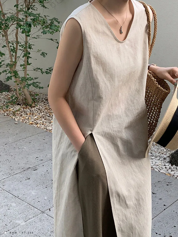 LANMREM Fashion Dress For Women V-neck Sleeveless Solid Color Side Split Knee-length Dresses 2024 Summer New Clothing 2Z1910