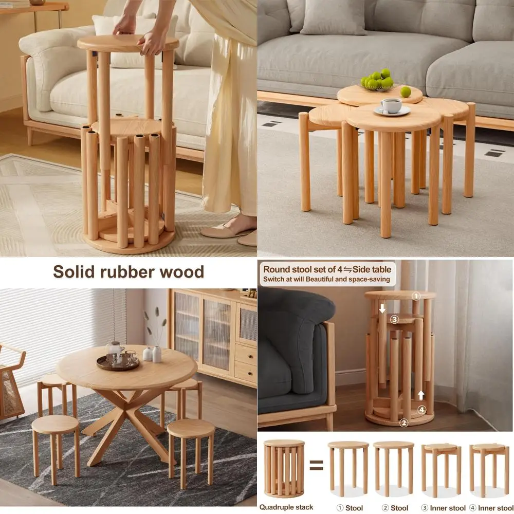 積み重ね可能な木製スツール4個セット、高さ18インチ、ネスティングサイドテーブルとコーヒーテーブル、組み立て簡単、頑丈で耐久性があります。