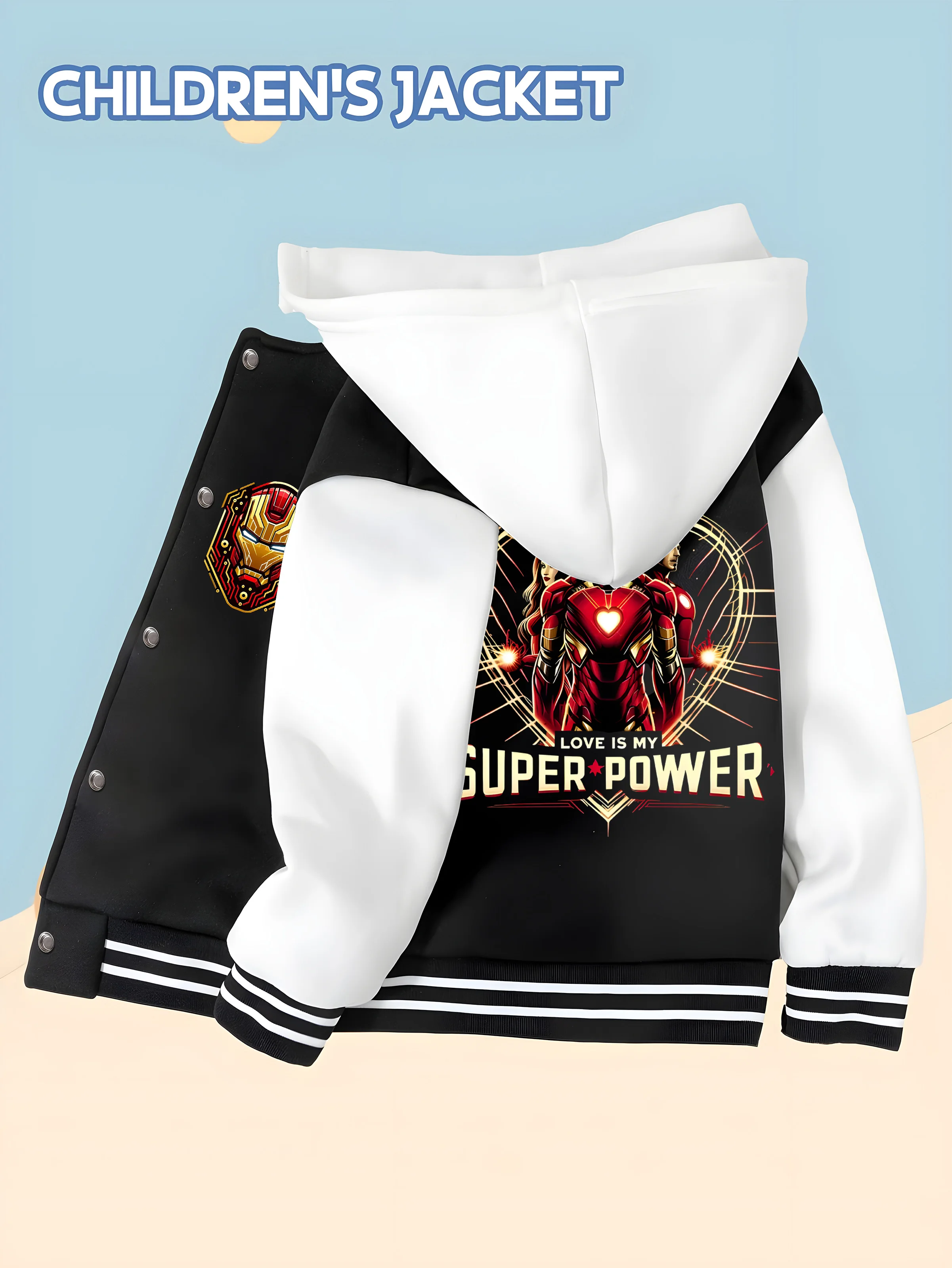 miniso-marvel-iron-man-heart-themed-children's-baseball-jacket-trendy-black-and-white-soft-and-skin-friendly-fabric-autumn-a