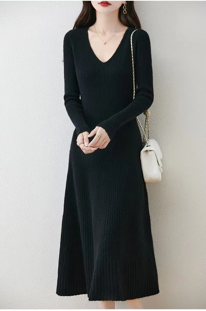 Temperament V-neck pure wool knitted dress, autumn and winter tight fitting hip hugging skirt, long cashmere sweater base skirt