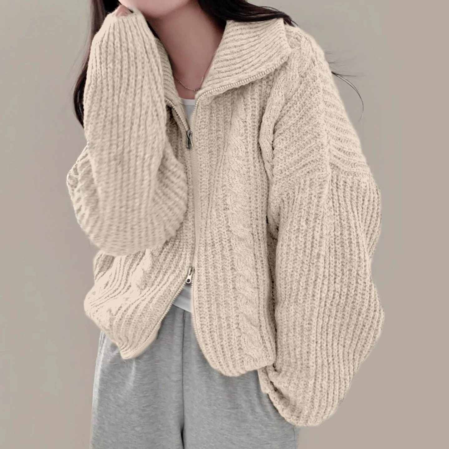 

Ladies Thiened High Collar Zipper Sweater Outerwear Korean Sle Loose Fit Long Sve Cardigan Winter New Arrival