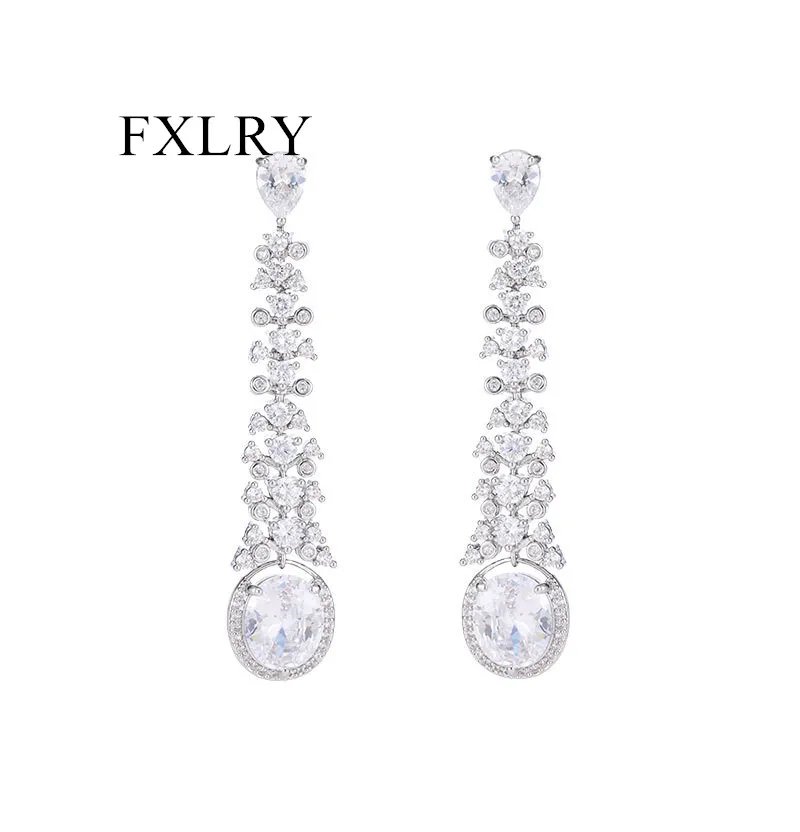 

FXLRY Luxury Heavy Industry Zircon S925 Silver Needle Long Dress Wedding Earrings For Women Jewelry
