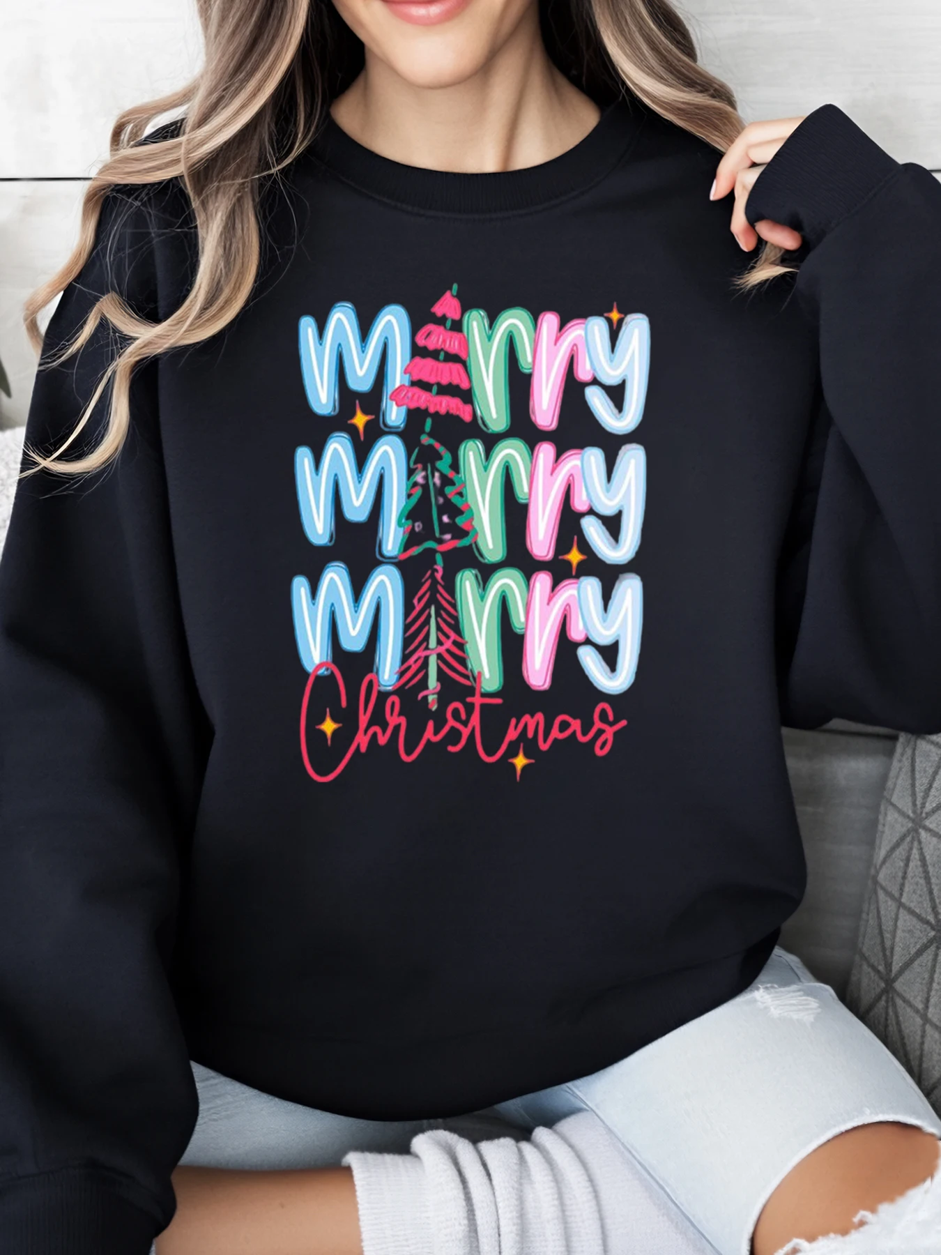 

Толстовка с принтом Merry Merry Merry Christmas, праздничная женская повседневная одежда, черная, больших размеров