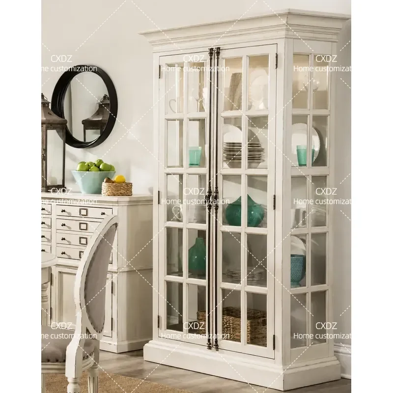 Retro Solid Wood Bookcase Dining Side Cabinet with Glass Double Doors Oak Wine Storage Display Unit for Living Room