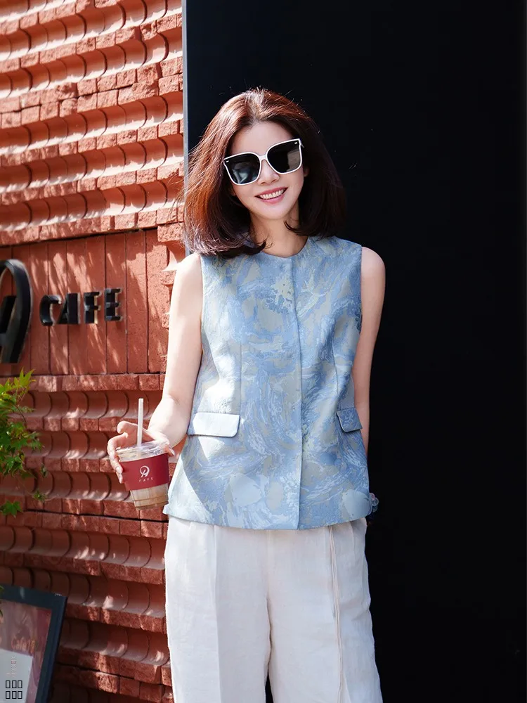 

Vi Lake Light Evening Gold Eming Texture round Ne Slim A-Line Spring Summer Vest Commute Sle Button Detail