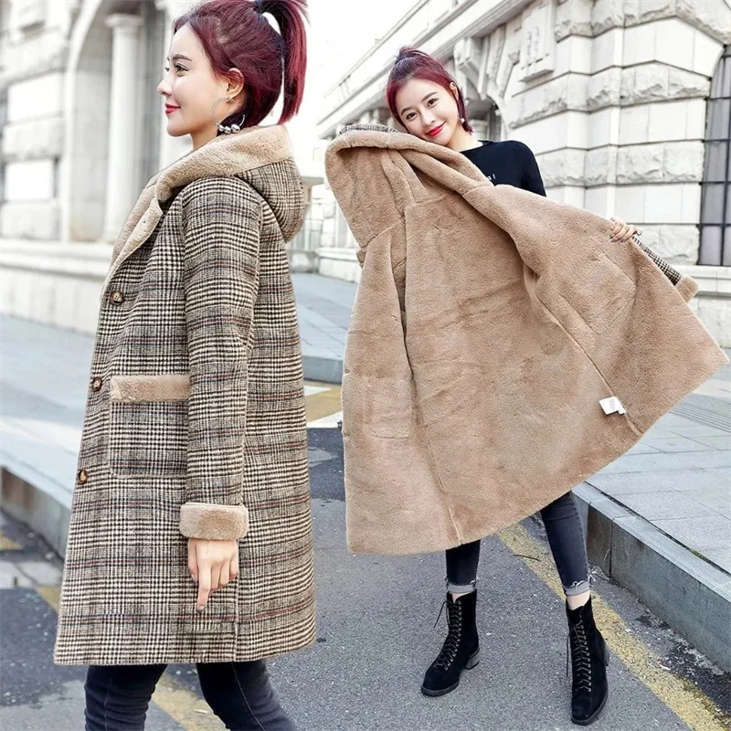 Abrigo de lana a cuadros para mujer, chaquetas largas cálidas y gruesas de terciopelo grueso, abrigo de lana cálido con capucha, chaqueta de invierno para mujer, abrigo de piel sintética