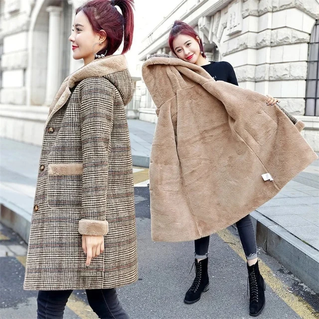 Women s Plaid Wool Coat Thick Velvet Thickened Warm Mid Long Jackets Hooded Warm Woolen coat Ladies Winter Jacket Faux Fur Coat AliExpress 200000345