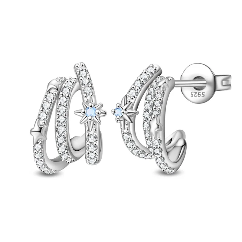 

925 Sterling Silver Star Studded Ear Studs For Women CZ Zircon Shining Earrings Fine Birthday Party Jewelry Gifts