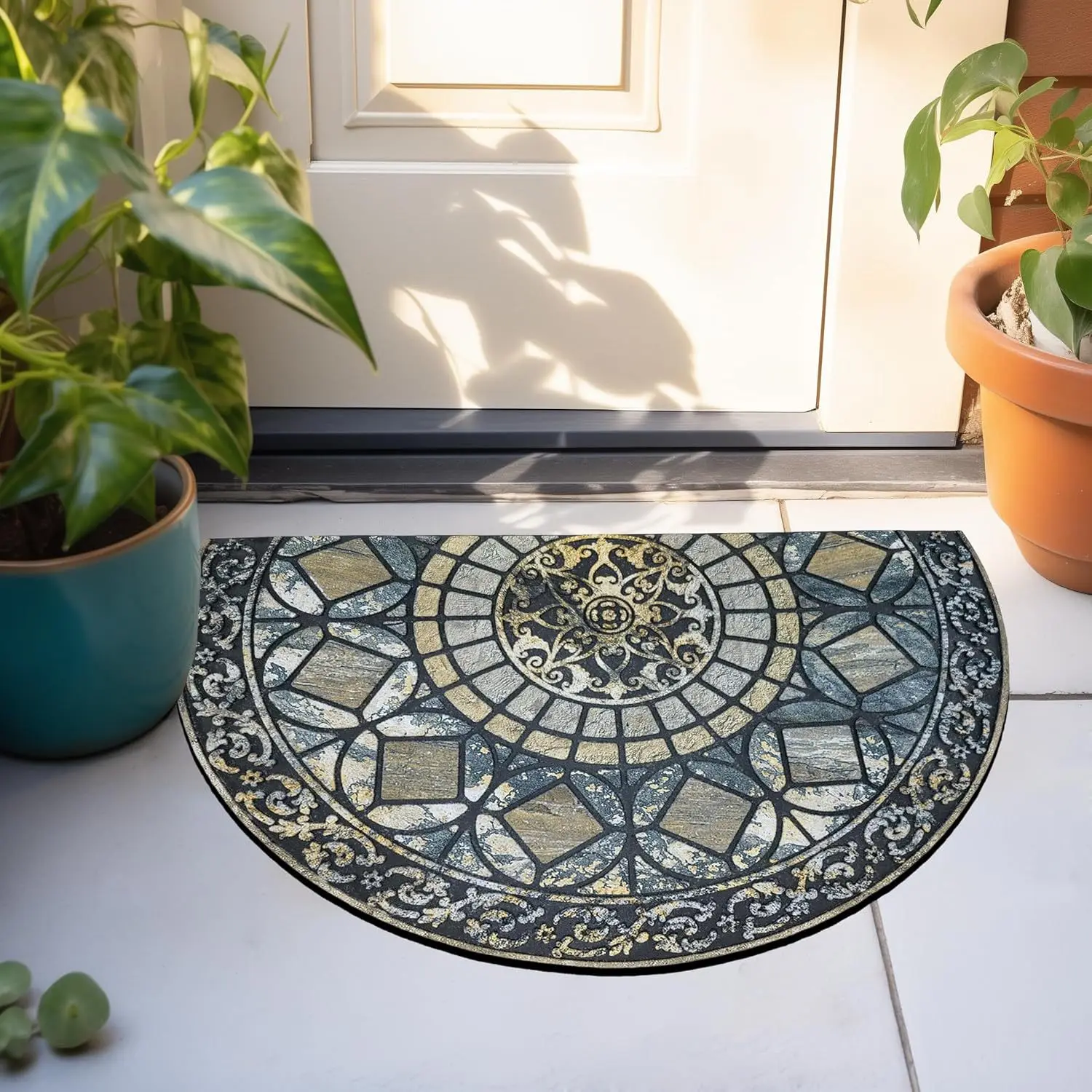Half Round Vintage Mandala Mat, Non-slip Semicircle Doormat, Marble Print with Gold Accents, Absorbent Floor Rug for Entryway