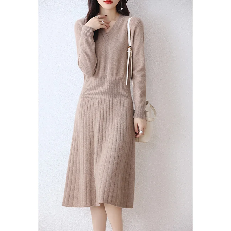 

Women's V-Neck Woolen Sweater Dress, Mid-length Knitted Dress, Over Knee Style, Cashmere Bottom, New, Autumn, Winter, 2024