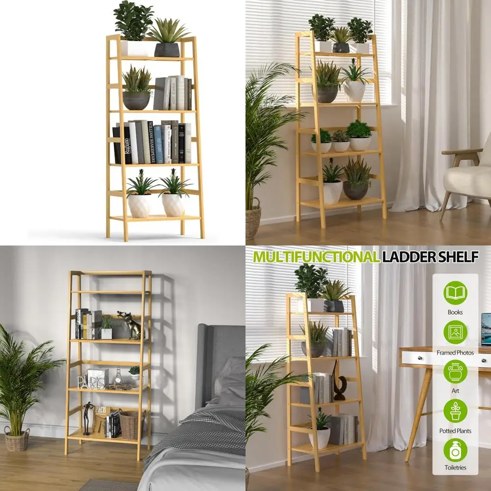 

4-Tier Bamboo Ladder Bookshelf - Freestanding Open Bookcase for Space Saving Storage and Flower Display