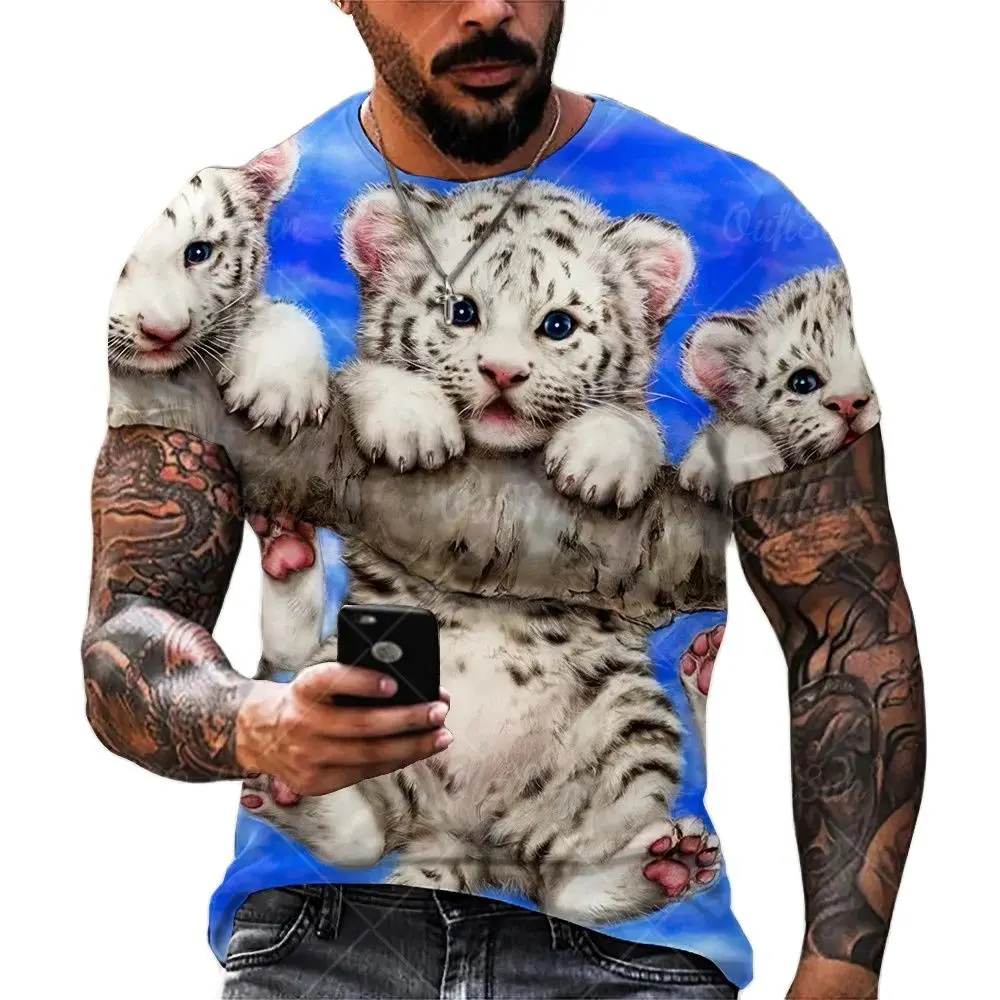 Tier Tiger Print Sommer Herren T-Shirts atmungsaktive Polyester O-Ausschnitt lose Kurzarm Tops lässig T-Shirt Herren Kleidung 3xl