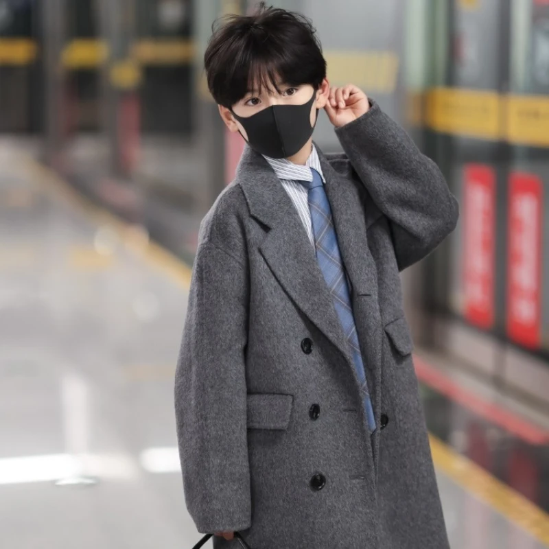 

Double Breasted Cashmere Coat for Boys 2025 Winter New Kids Mid Ength Loose Woolen Outerwear Stylish Spring Fall
