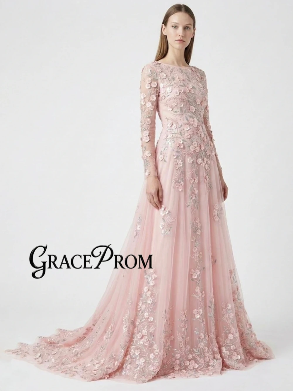 

New Arrival Pink Floral A Line Evening Dress Graceful Romantic Delicate Beaded Sequined Prom Gown Women's Fairy Arabic Long Wear