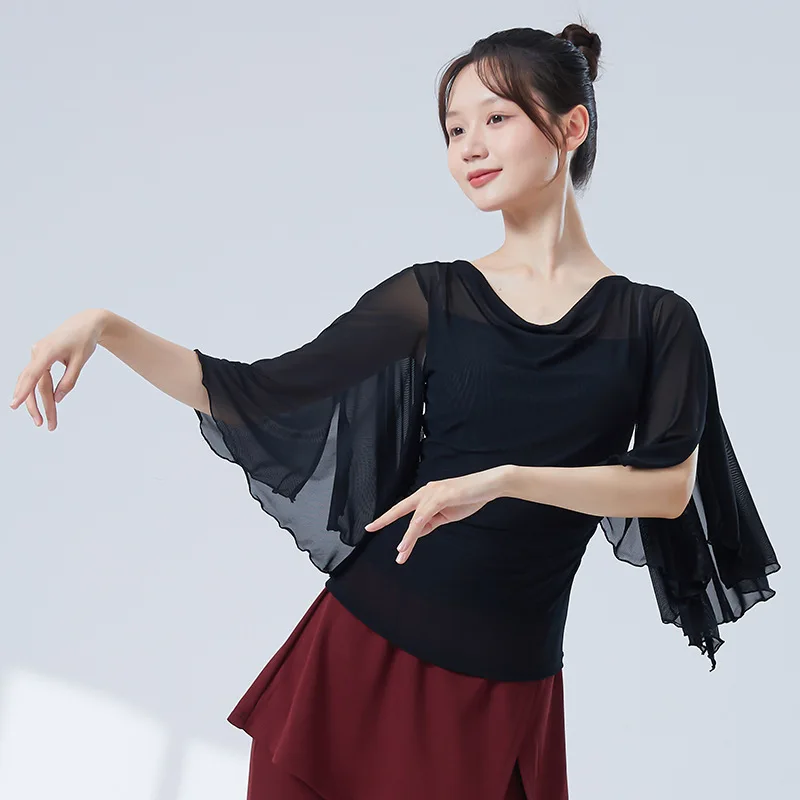 المرأة الحديثة الرقص شبكة أعلى شق كم طاقم مطوي طوق تول قميص قاعة الرقص اللاتينية التدريب الملابس بلوزة العرقية #5