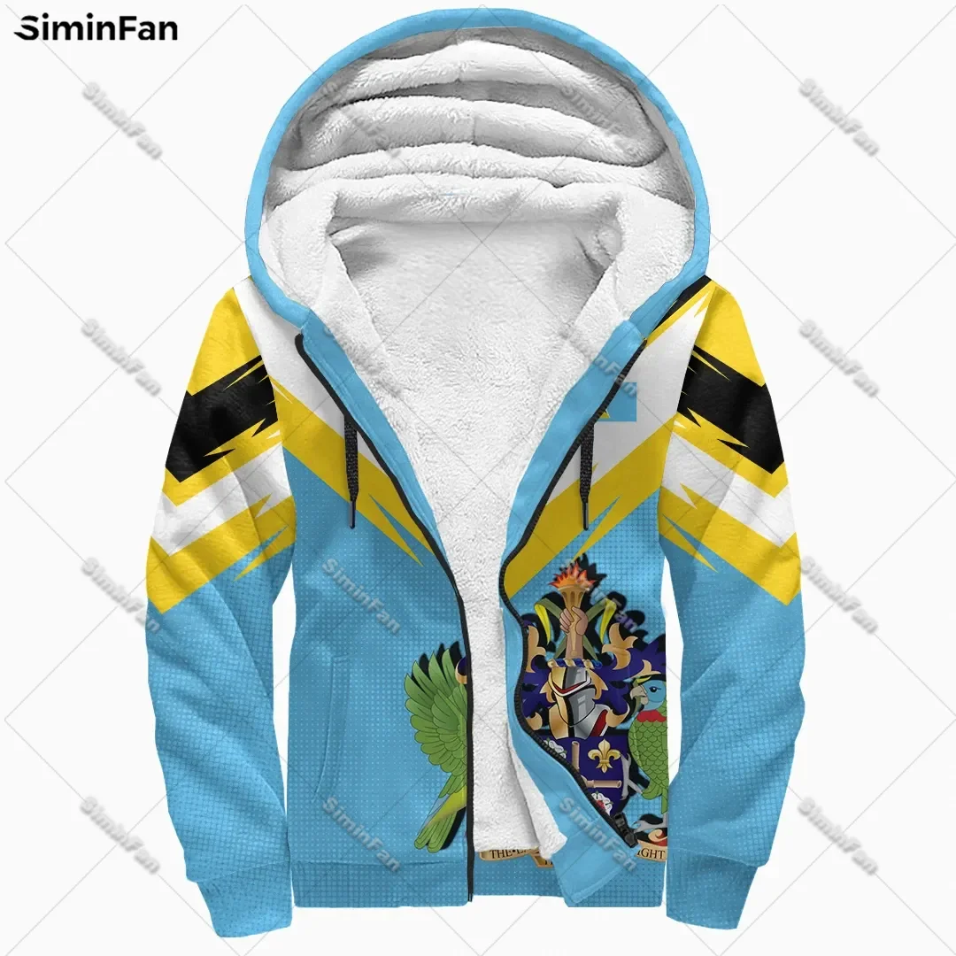 Saint Lucia Coat Of Arms 3D All Over Printed Men Thicken Fleece Jacket Winter Windproof Outerwear Female Unisex Warm Zip Hoodie