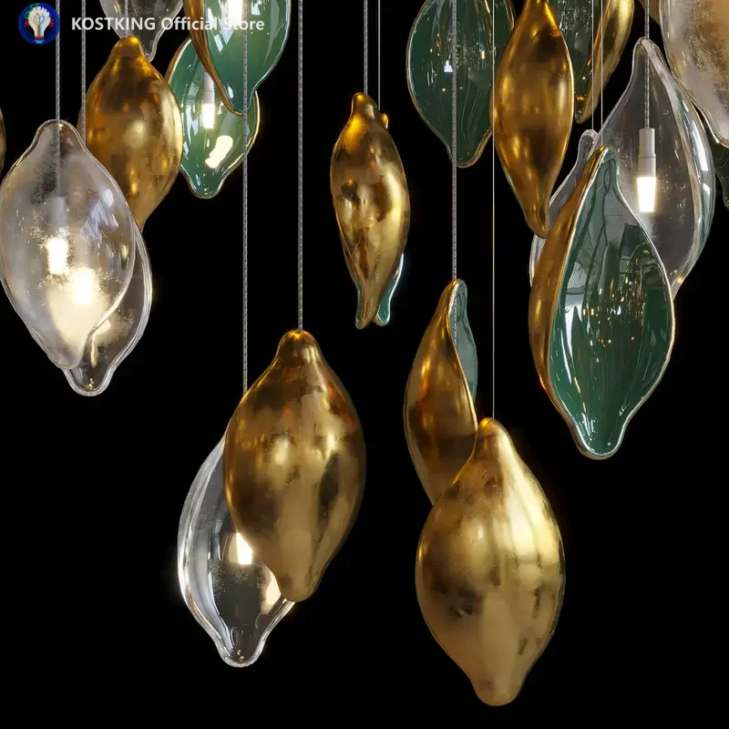 Custom Chandelier Luxury Designer Gold Green Ceramic Petal Pendant Light Project Lightings