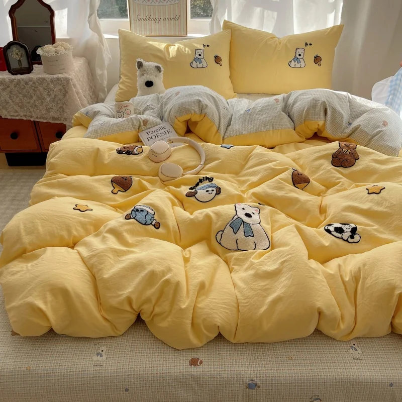 

Washed Cotton Towel Embroidered Bedding Set Solid Color Soft Duvet Cover Sheet Fitted Sheet 3/4 Pcs for Student Dormitory Home