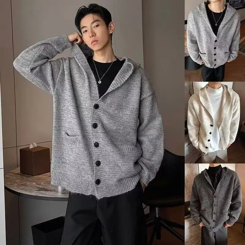 

Осенне-зимний мужской кардиган большого размера с V-образным вырезом, модный повседневный свитер-пальто из полиэстера с длинными рукавами