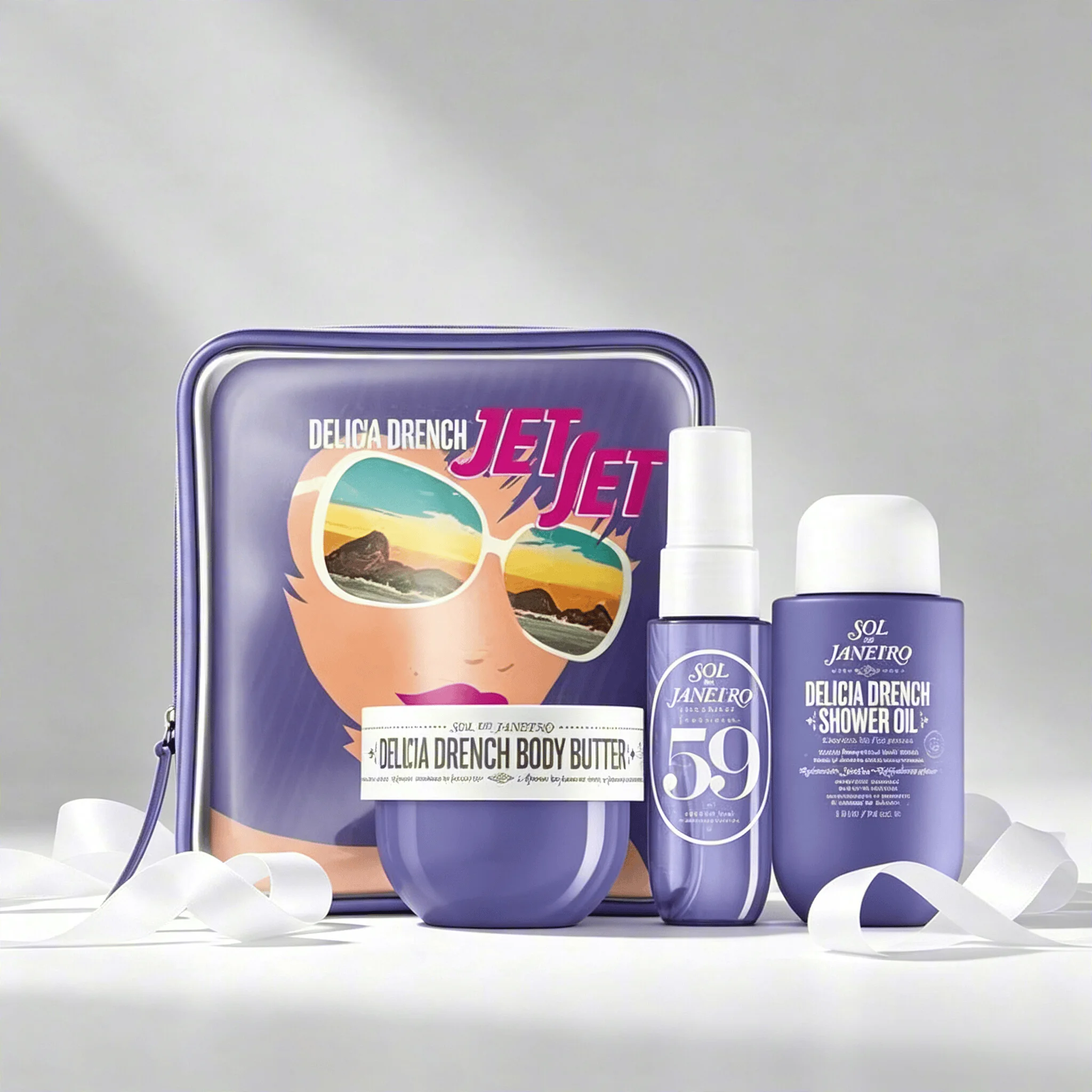 Sol de Janeiro Delicia Drench Jet Set Travel Perfume Gift Set For Women Cheirosa 59 Juicy Passion Fruit Vanilla Soft Gourmand Scent Portable Mini Body Perfume Deep Moisturizing Body Butter Cleansing Shower Oil Complete Purple Vintage Storage Bag Perfect T view 5
