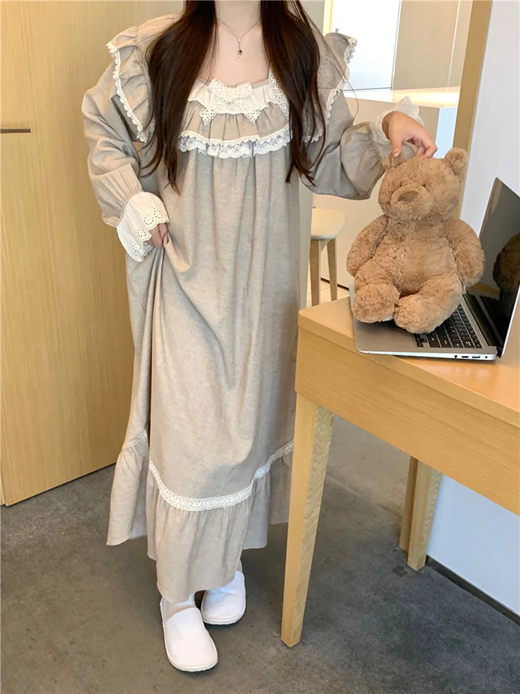 Lovers Lace New Home Winter Solid Cotton Loose Long Sleeve Pajama Set Women Sweet Simple Korean Couple NightDress Elegant Casual