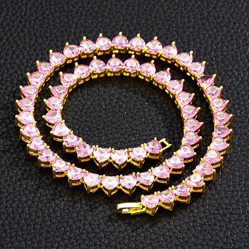 Coração gelado Hip Hop Pink Stones Corrente de tênis, colares Rapper, pulseira para homens e mulheres, jóias gargantilha, 9mm