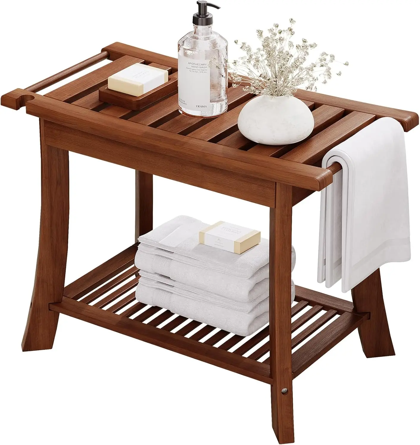 

Premium Luxury Modern Teak Shower Bench 1-Shelf Storage Towel Rack Eco-Friendly Indoor/Outdoor Bathroom Spa Pool Use