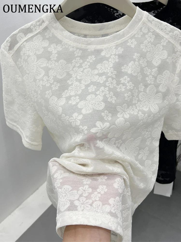 Ouwengka renda oco para fora tripulação t camisas sólido elegante casual flor bordado manga curta topos feminino coreia verão camisetas básicas