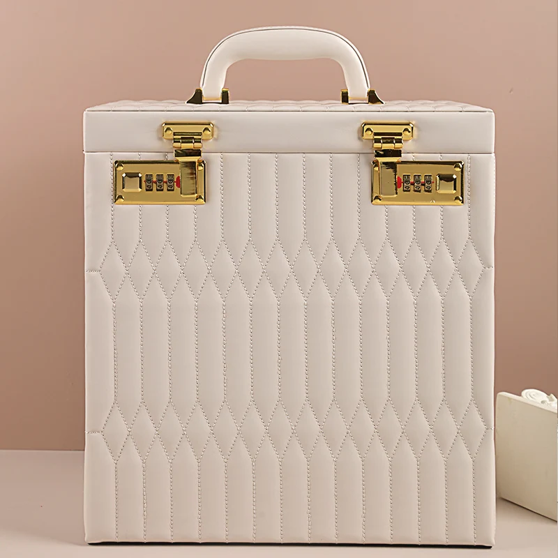 Large Capacity PU Jewelry Organizer Box Mirrored with Security Code Lock Jewelry Storage Display Collection for Birthday