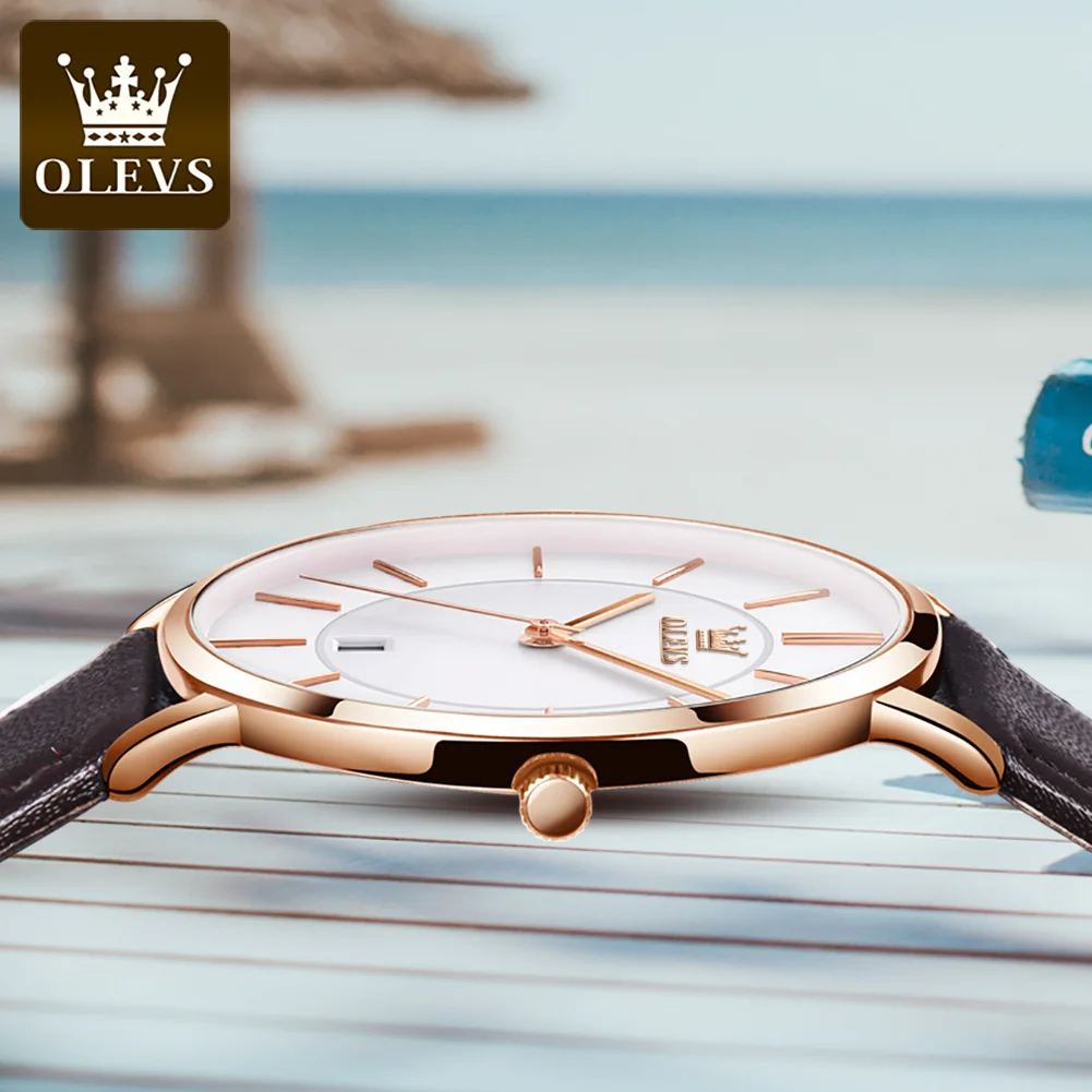 OLEVS-Relógio Quartzo Impermeável Ultra Fino Masculino, Minimalista, Negócios, Pulseira de Couro, Encontro, Luxo, Moda, 6,5mm