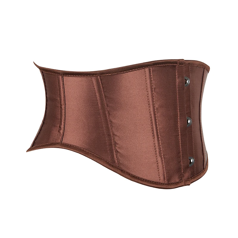 3 Busks Short Style Underbust Corset Satin Brown Wide Belts Waistband Waist Trainer