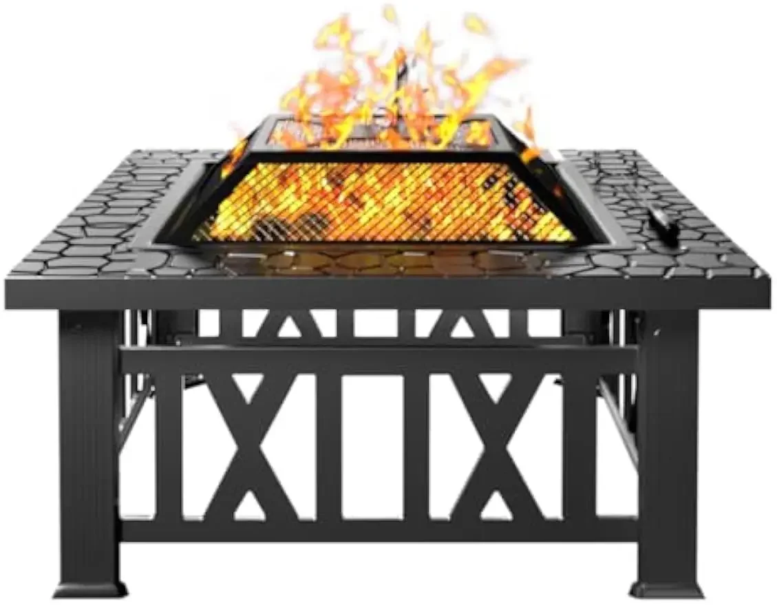 

Outdoor Fire Pit Table, 32'' Square Firepit Stove, Multifunctional Fireplace with Sturdy Legs Spark Screen Lid and Poker