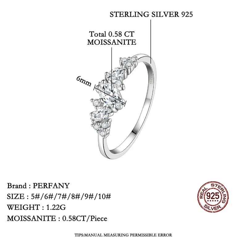 PERFANY 0.58CT Marquise Cut Moissanite Women\'s Ring S925 Pure Silver Laboratory Cultivated Diamond Fashion Design Jewelry