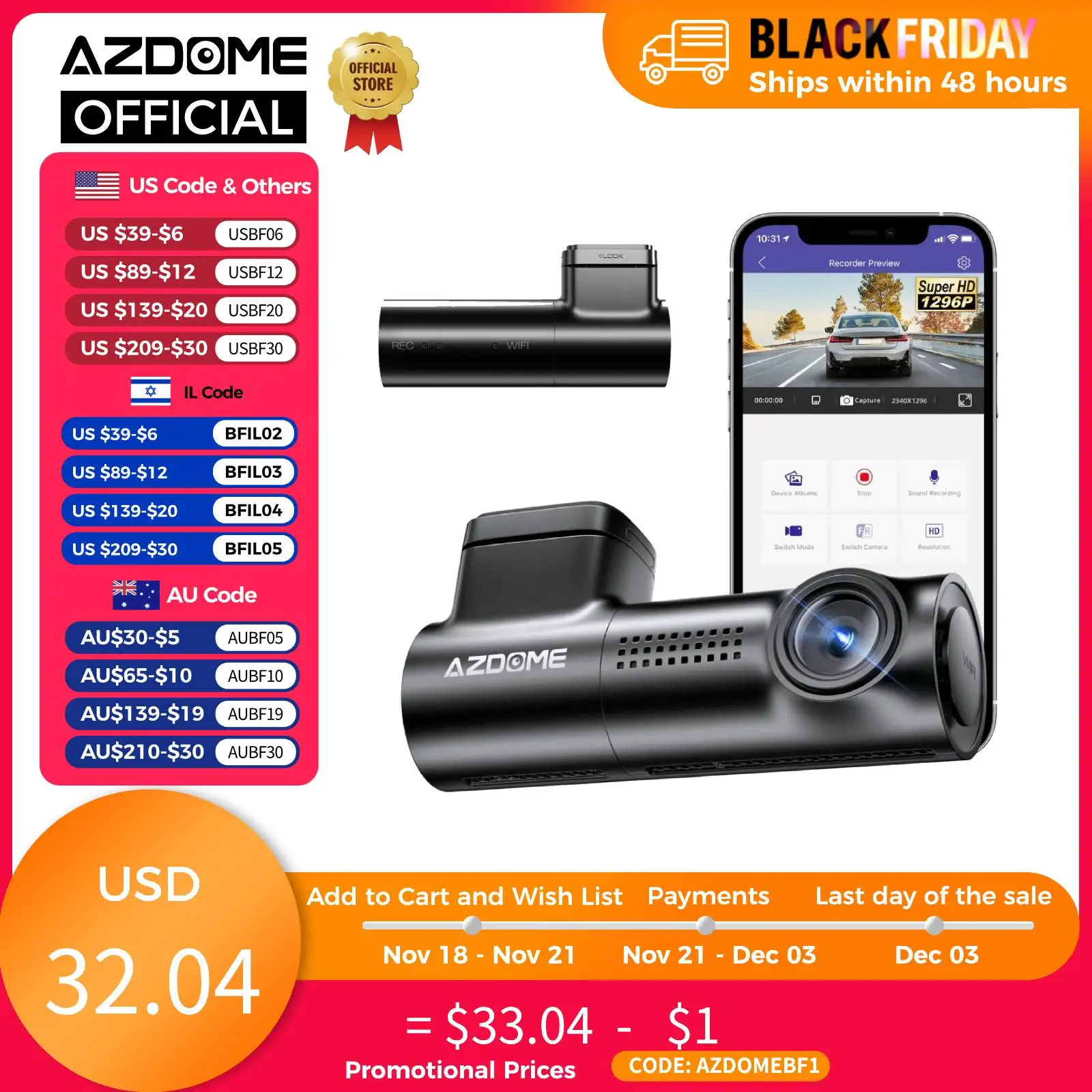 AZDOME Dash Cam M300 1296P WDR Car DVR 150° FOV WIFI & App Control Dash Camera Recorder Super Capacitor 24H Parking Monitor