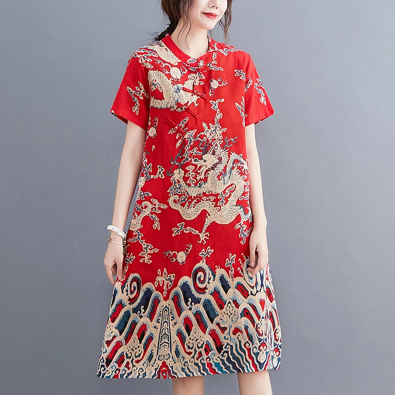 Summer New Sle Northeast Large Flower Ethnic Artistic Cotton Linen Print ort Sve Women's Qipao Dr Traditional Chine...
