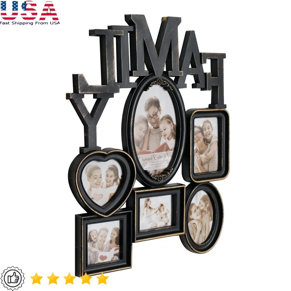 

Typographic Family Photo Collage Frame 6 Picture Display Wall Art Rustic Home Decor Gift