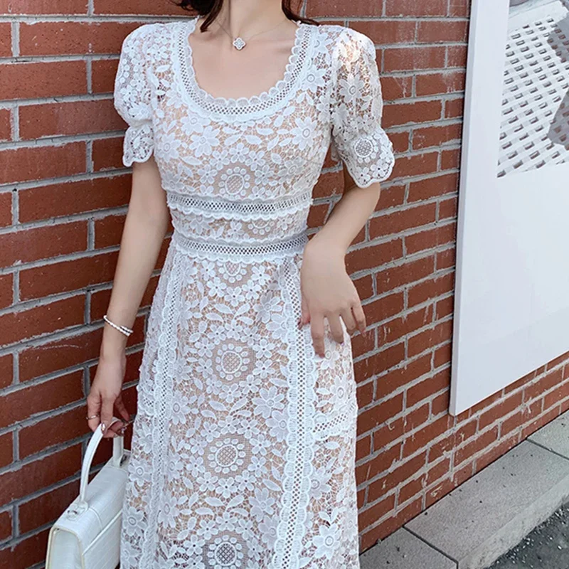 White Lace Dress for Women Vintage Hook Flower Hollow Luxury Design Party Vestido Lady Clothing Puff Sleeve Bodycon Summer