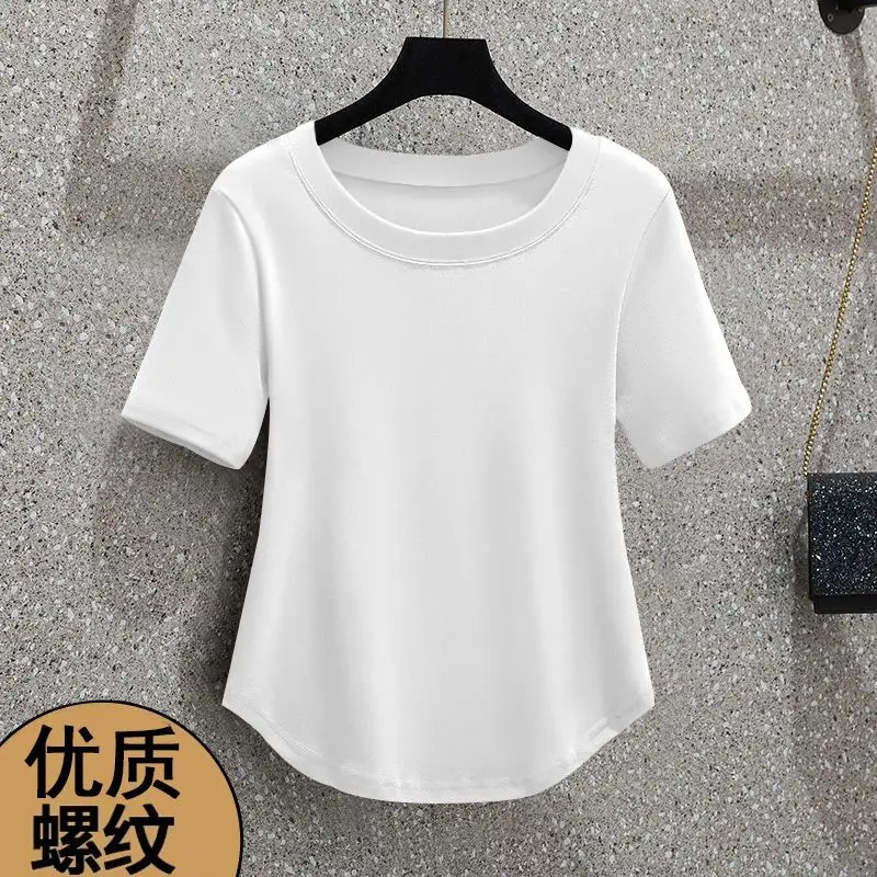Round Neck Women's Threaded Fashionable Straight Shoulders Simple Style Solid Color Slim Body Clothes Irregular Short Sleeves
