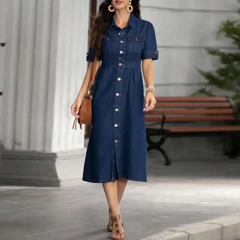 

218665 Women's New Denim Collar Short Sleeved Cardigan with a Cinched Waist and Fitted Dress Dress Robe Vestido Women Party 1