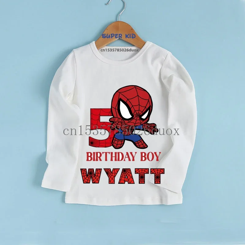 New Spring Autumn 3 4 5 6 7 8 9 Spiderman Customized Name Birthday Kid Clothes MARVEL Spiderman Birthday Boy Long Sleeve Shirt