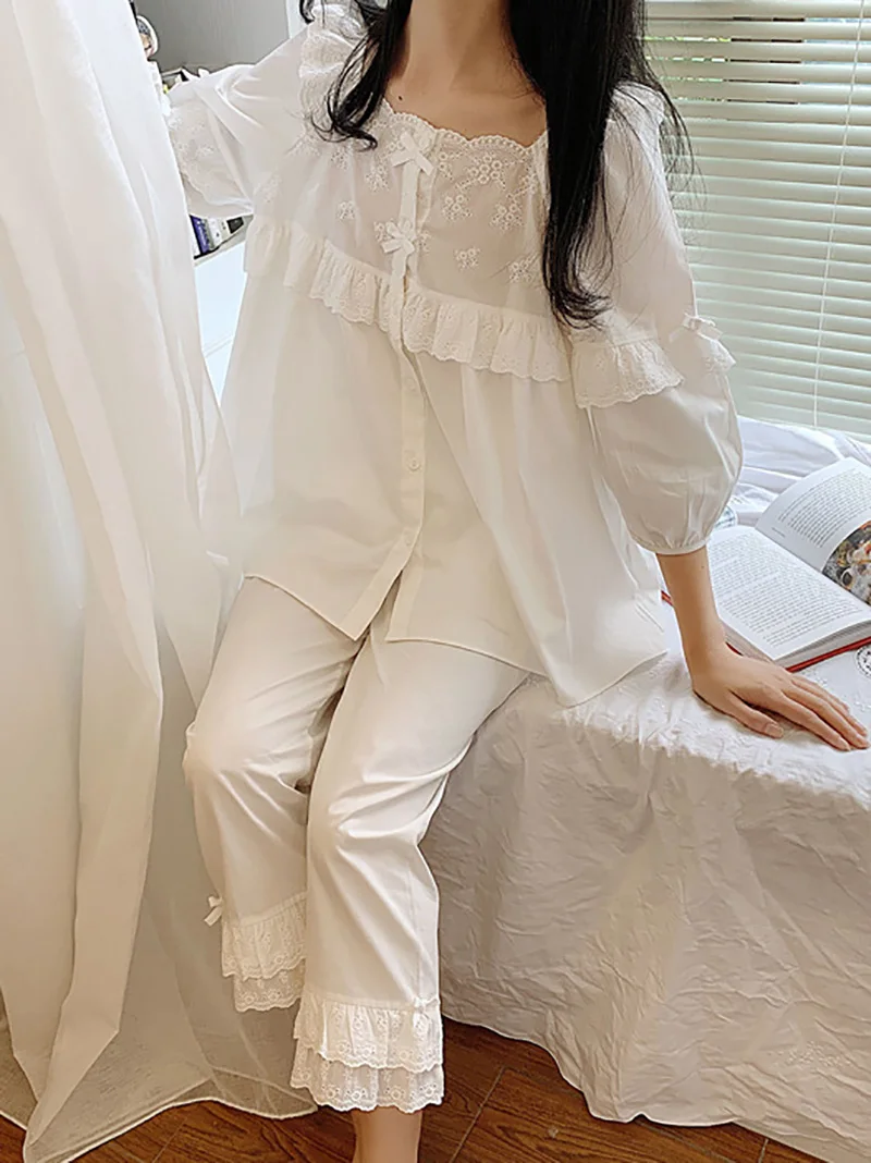 Women Goddes Princess Vintage Long Sleeve Loungewear Lace Pure Cotton Home Suit Sweet Korean Night Sleepwear Pajamas Top Pants