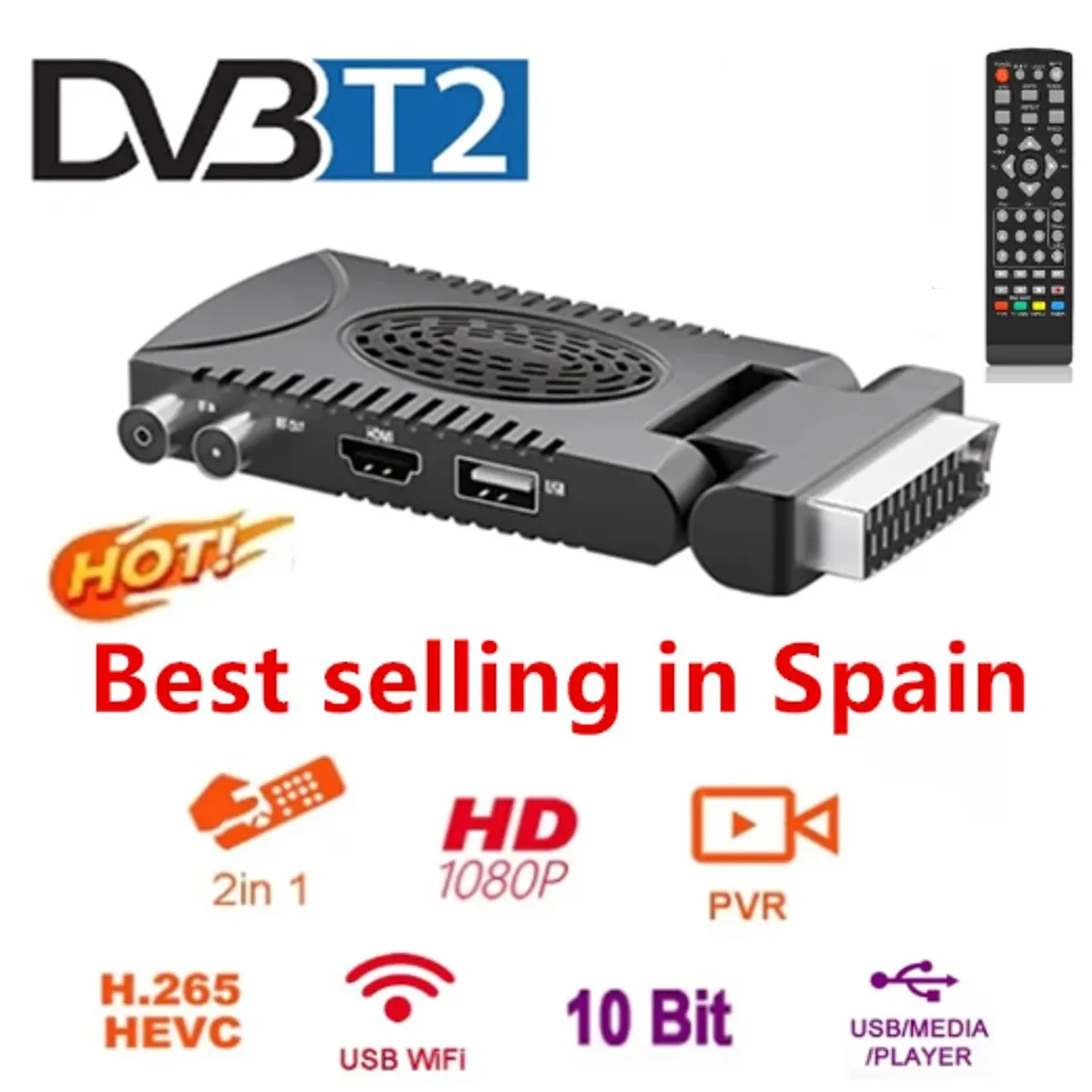 

2025 Spain DVB-T2 H.265 1080P HD TDT Europe Terrestrial TV Receiver Decoder EPG Mini Scart for Italy France Poland with YouTube