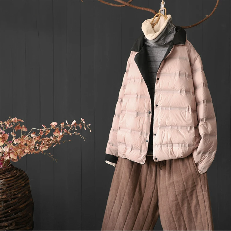 Herbst Winter Reversible Unten Mantel Frauen Warme Licht Dünne Weiße Ente Unten Jacke Parkas Weibliche Einreiher Puffer Outwears