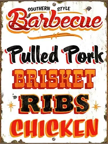 Southern Style Barbecue Pulled Pork Brisket Ribs Chicken Vintage Metal Tin Sign Coffee Bar Wall Decor Home Signs Gift Size 8x12