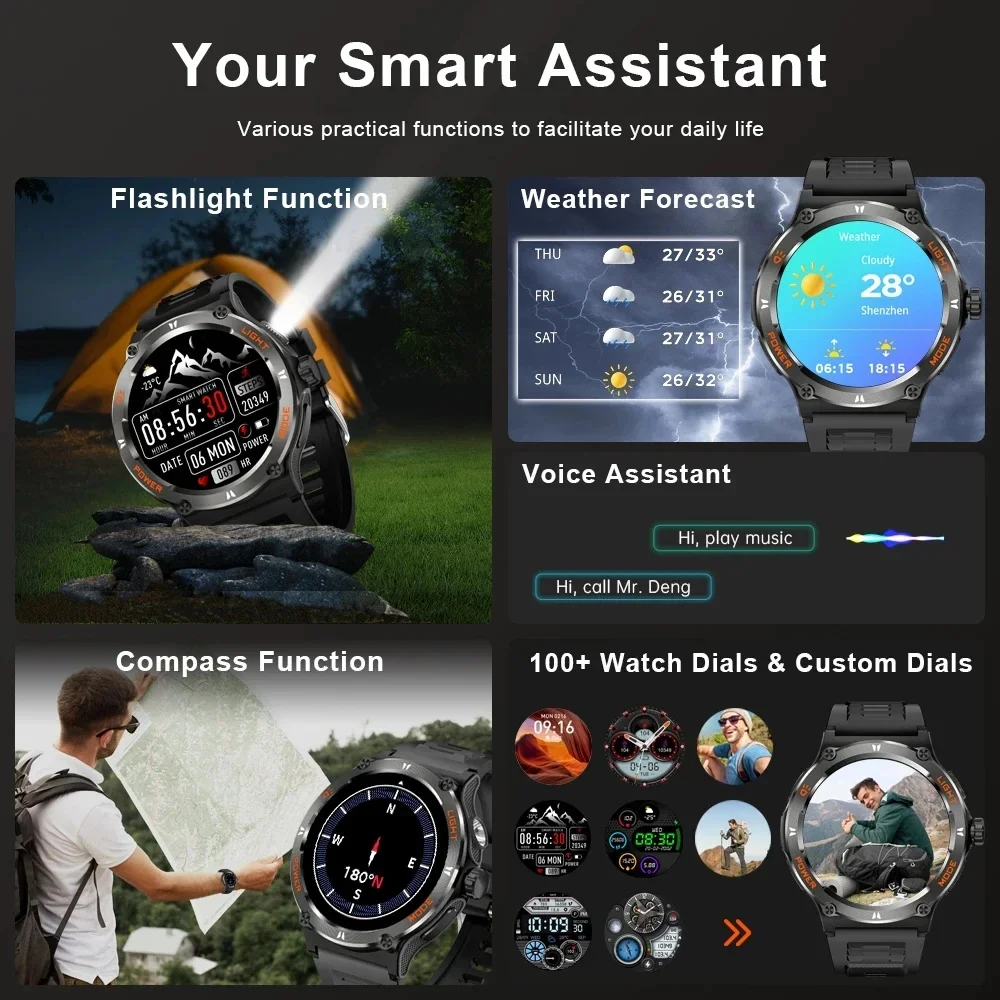 2024New For Xiaomi Huawei Rugged Military Smart Watch Men HD AMOLED Bluetooth Call GPS Track 500Mah 3ATM Waterproof Smartwatches