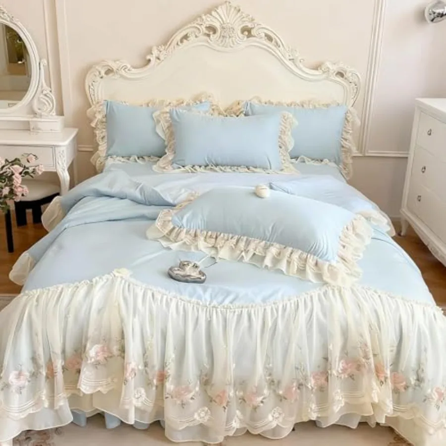 

French Chic Bedding Set 4-Piece - Romantic Lace Trim Washed Cotton Duvet Cover with Bed Skirt and Pillowcases for Queen Bed Pri