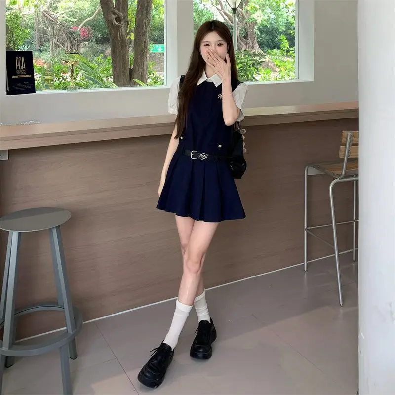 2025 جديد الصيف اليابانية الكورية Preppy الخصر مقصوص قصيرة الأكمام قميص المرأة لطيف Kawaii أكمام مطوي التنانير 2 قطعة مجموعة #2