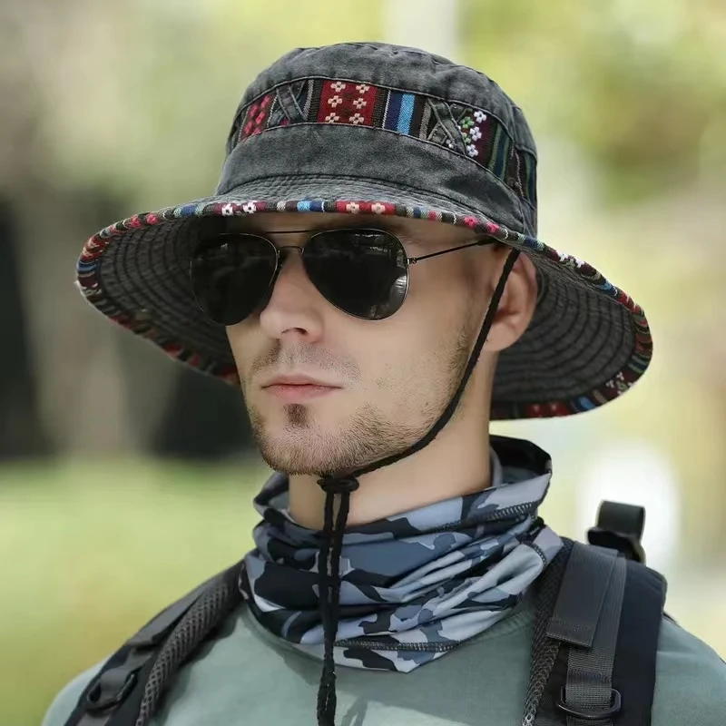 2023 New Bucket Hats Man Women Beach Anti-Sun Panama Mountaineering Travel Fisherman Hats Retro Print Summer Sun Hat Outdoor