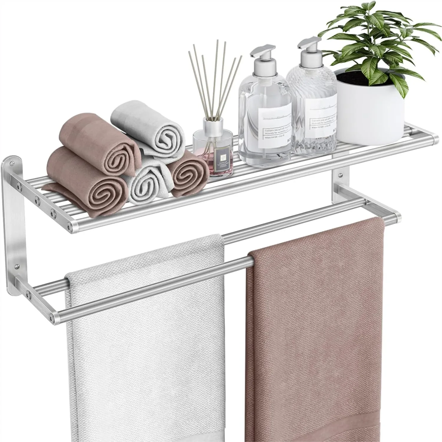 

Towel Rack for Bathroom - 24 in Wall Mounted Double Towel Bar, Stainless Steel 2-Tier Storage Shelf, Brushed Nickel
