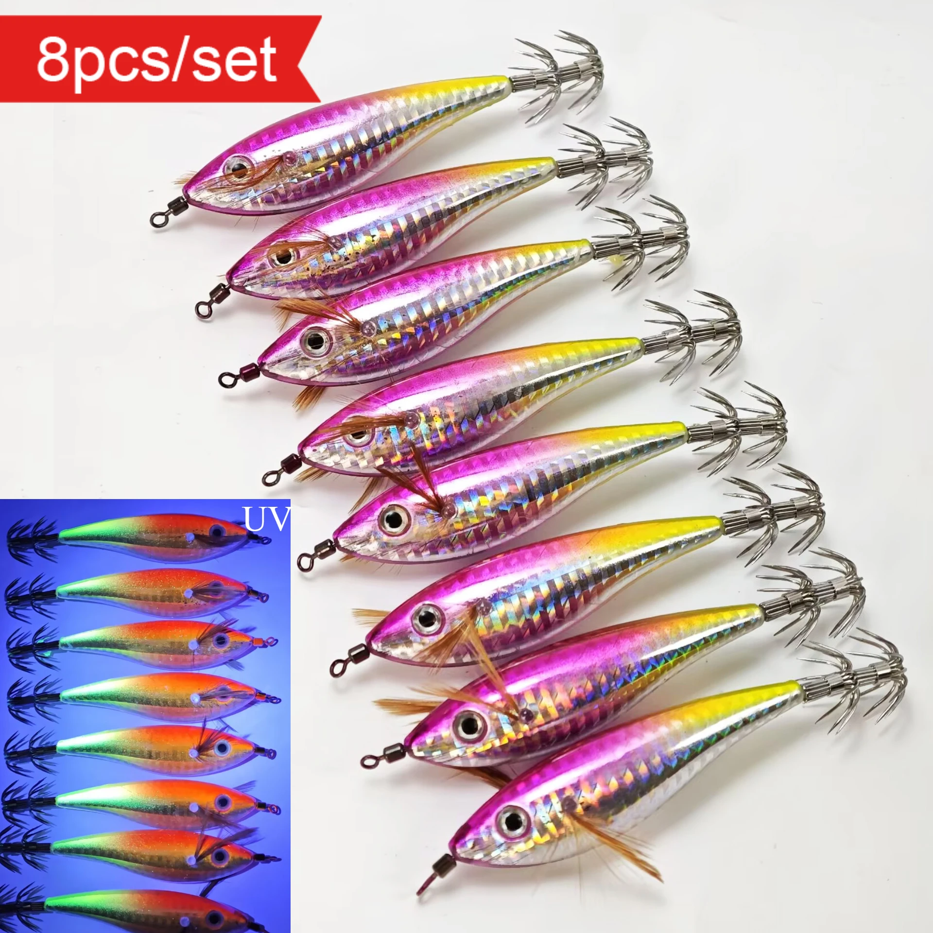 8 pièces de leurres de pêche lumineux UV, ensemble de leurres Egi pour calmar, crevettes en bois lumineux, appâts pour la pêche au poulpe et à la seiche.